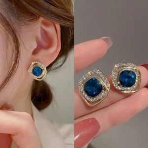 Elegant Blue Stone & White Zircon Stud Earrings – Sparkling Jewelry for Women
