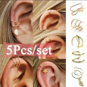 Pack of 5 Stylish Earcuffs for Women – Gold & Silver Tone Non-Piercing Ear Cuff Set